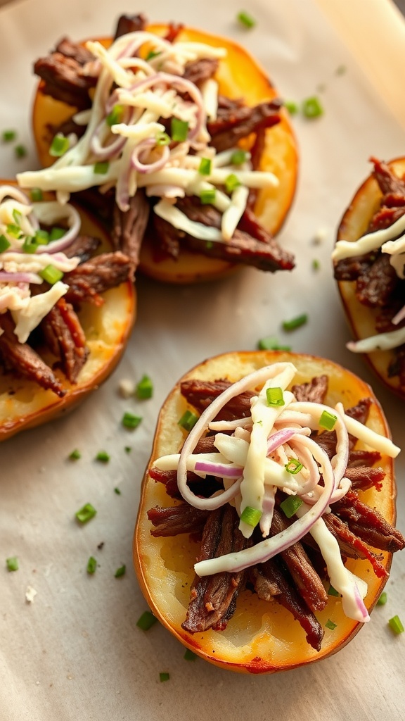 Loaded potato skins topped with brisket, coleslaw, and green onions.