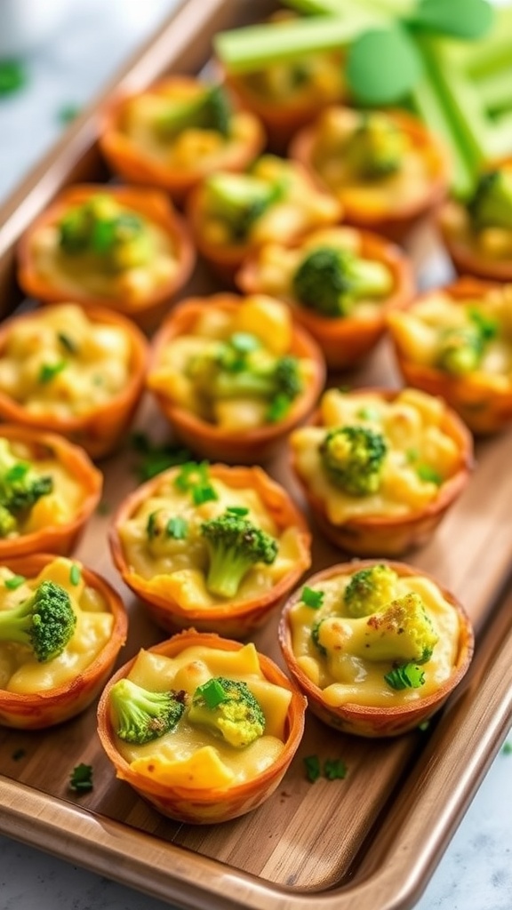 Broccoli and cheese bites served in mini pastry shells, garnished with parsley
