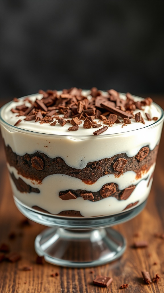 A delicious brownie trifle with layers of whipped cream and chocolate.