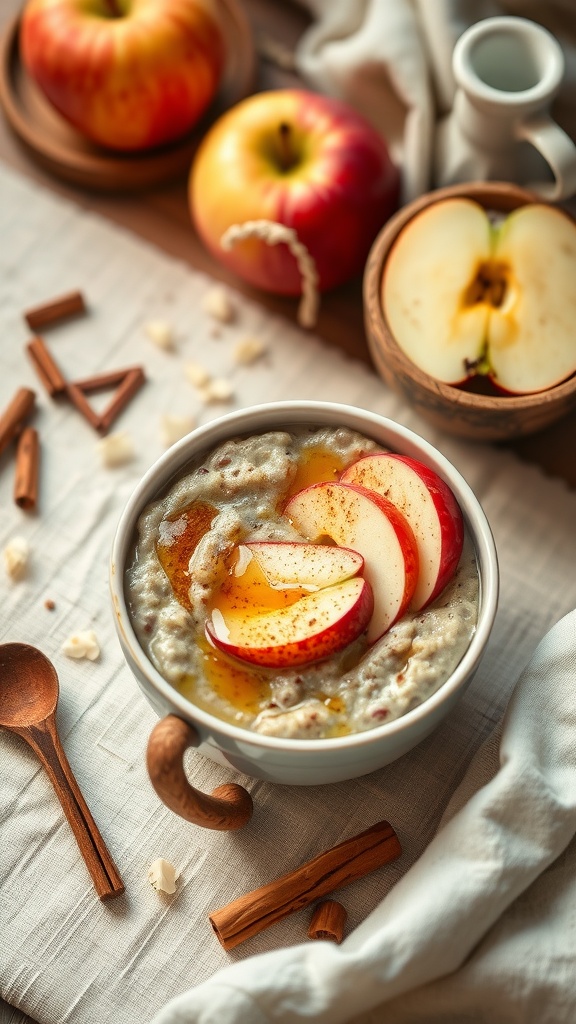 Bowl of buckwheat porridge topped with apple slices and cinnamon