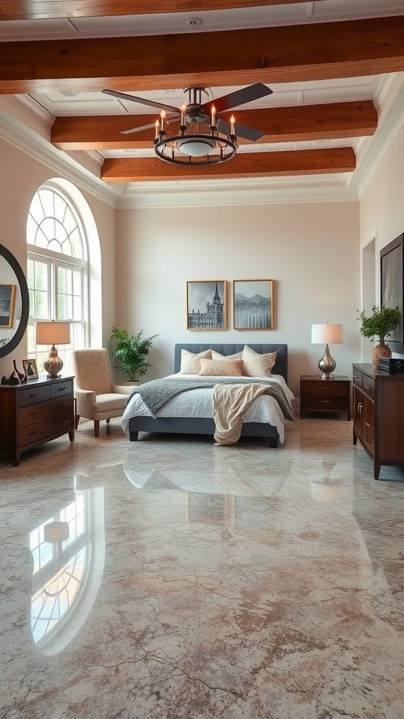 A bedroom with a budgeting worksheet and flooring design options displayed, emphasizing planning for an epoxy flooring refresh.