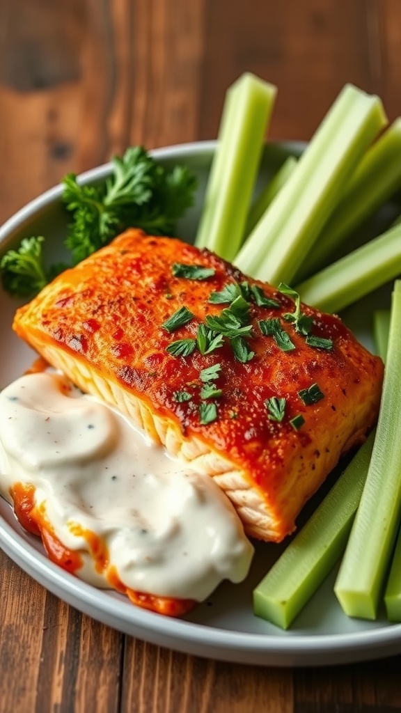 Buffalo Baked Salmon served with Dill Ranch and celery sticks