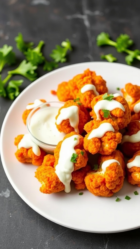 Plate of Buffalo Cauliflower Bites drizzled with dressing and served with a dip.