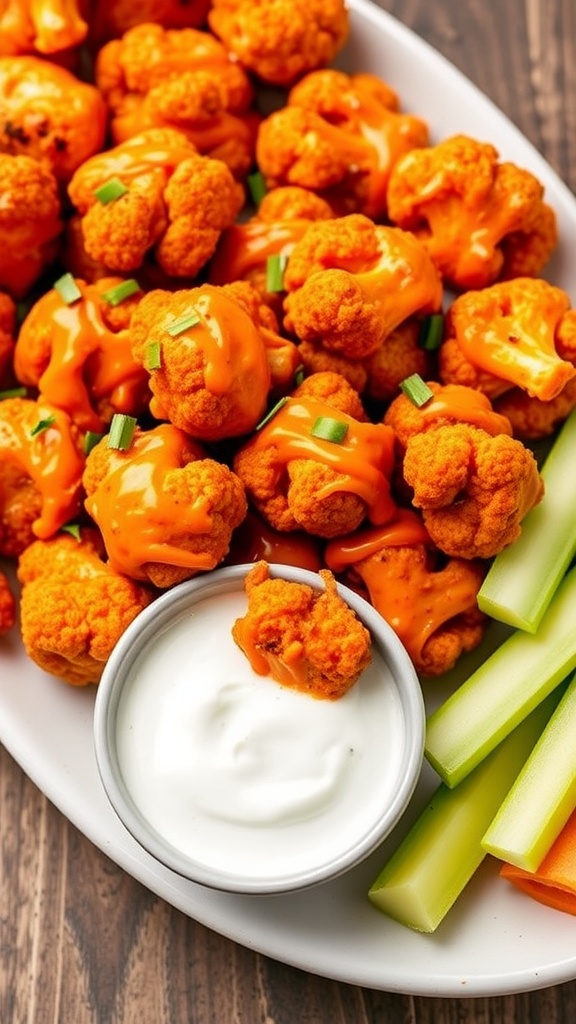 Buffalo Cauliflower Bites served with celery and dipping sauce