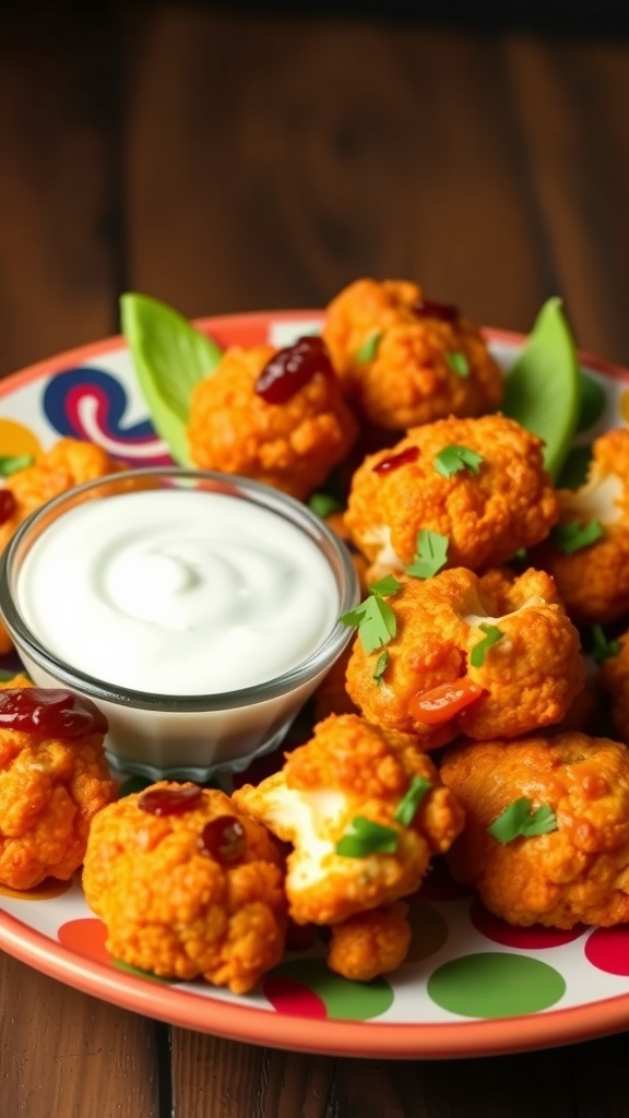 Plate of buffalo cauliflower bites served with a ranch dip