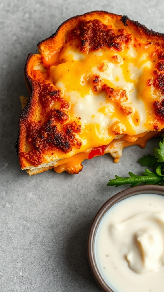 Buffalo Cauliflower Pizza Grilled Cheese sandwich with cheese melting and a side of ranch dressing