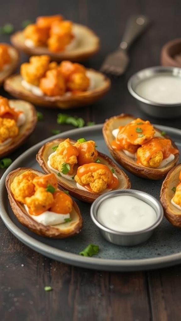 Buffalo cauliflower potato skins with ranch dressing