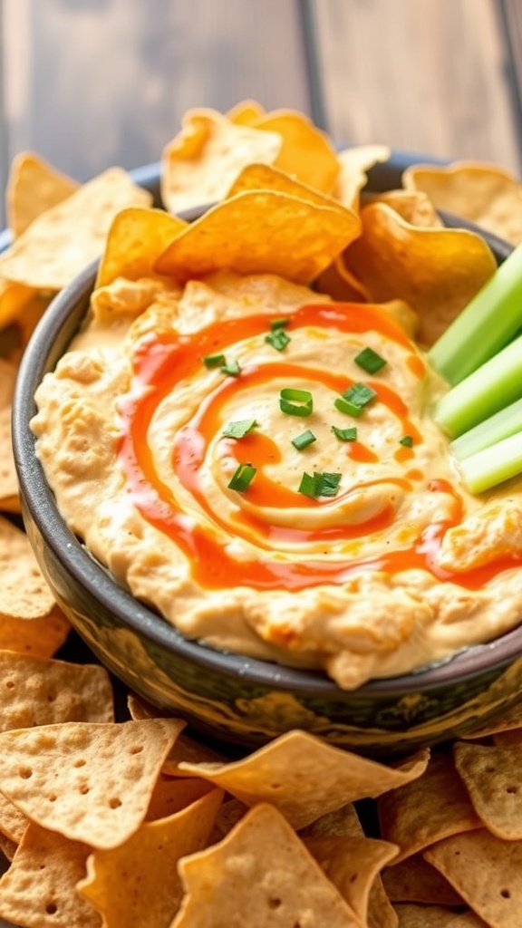 A bowl of buffalo chicken dip surrounded by chips on a wooden table