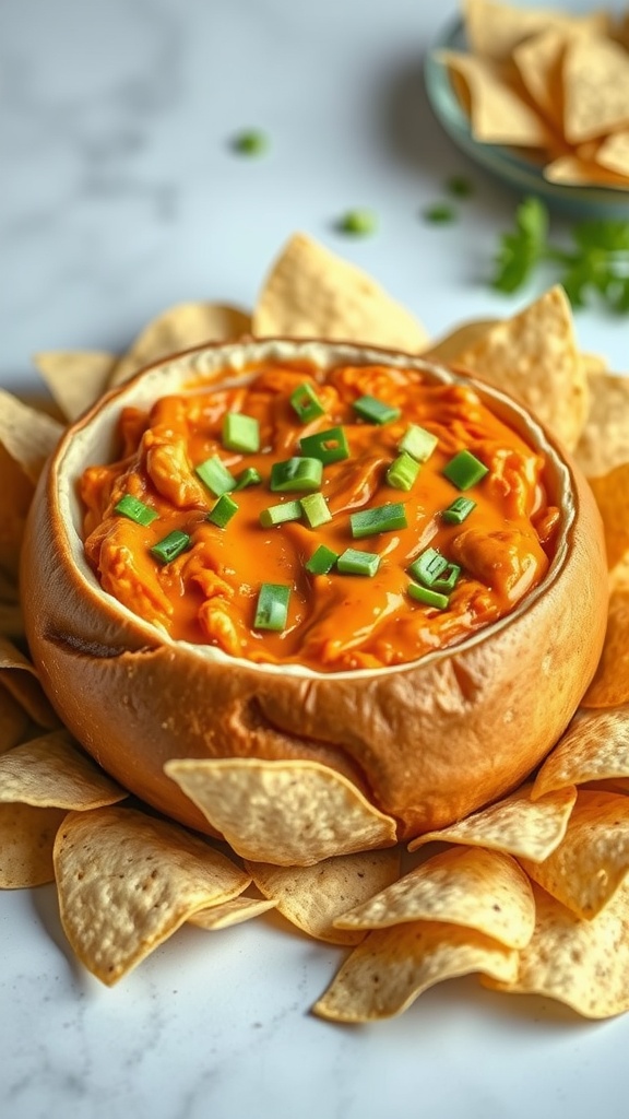 Buffalo Chicken Dip served in a bread bowl surrounded by tortilla chips.