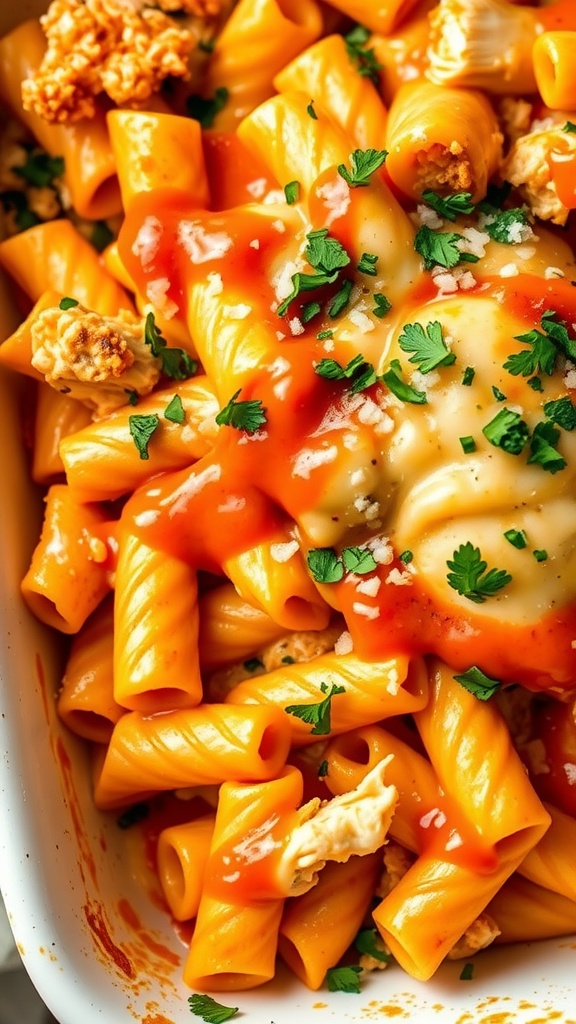 A delicious Buffalo Chicken Pasta Bake with a cheesy top and garnished with green onions.