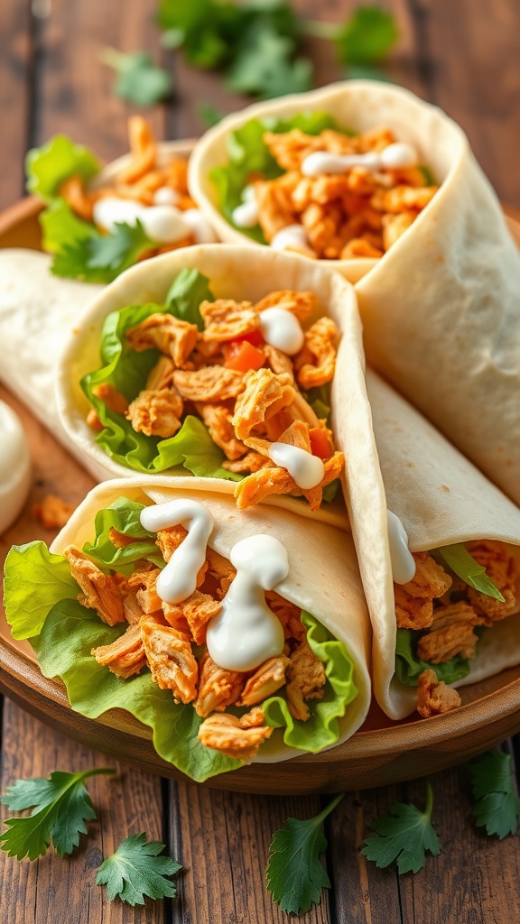 A plate of buffalo chicken wraps filled with shredded chicken, lettuce, and drizzled with ranch dressing.