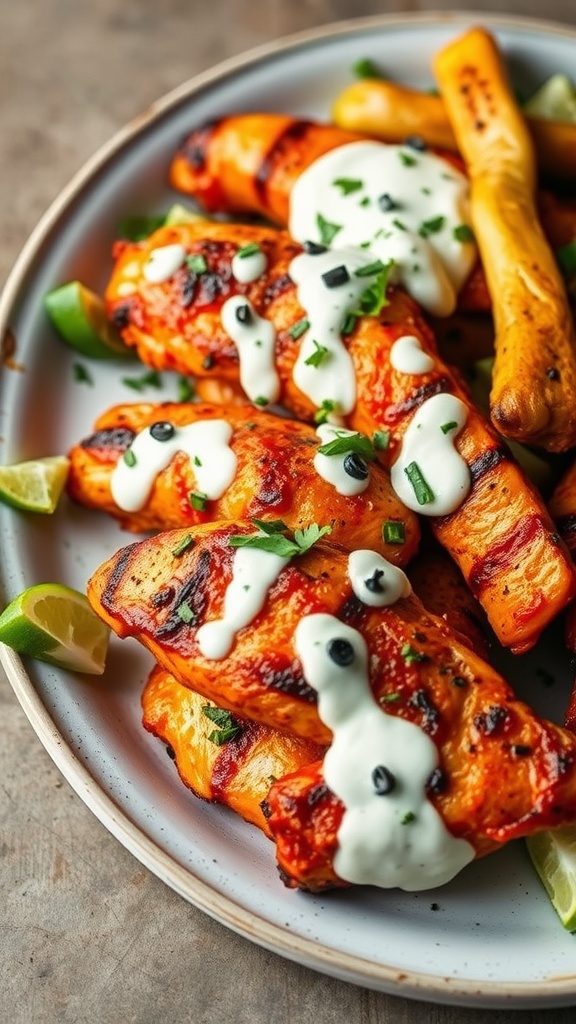 Grilled chicken breasts topped with buffalo sauce and blue cheese dressing, garnished with parsley.