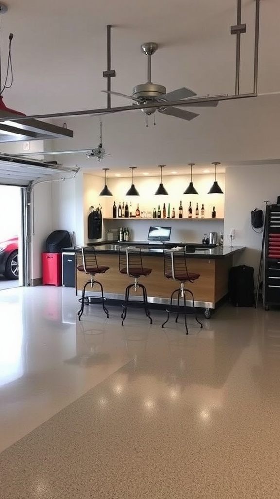 Interior view of a stylish garage bar with an epoxy floor, showcasing vibrant neon signs and a wooden bar setup.