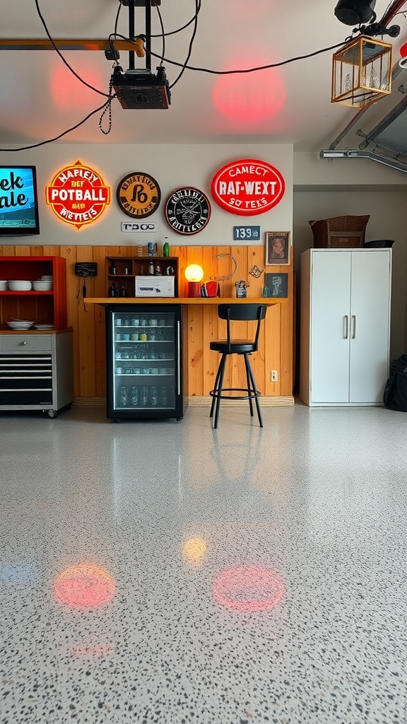 A garage with a mini fridge, bar stools, and vibrant wall signs, showcasing a clean epoxy floor.