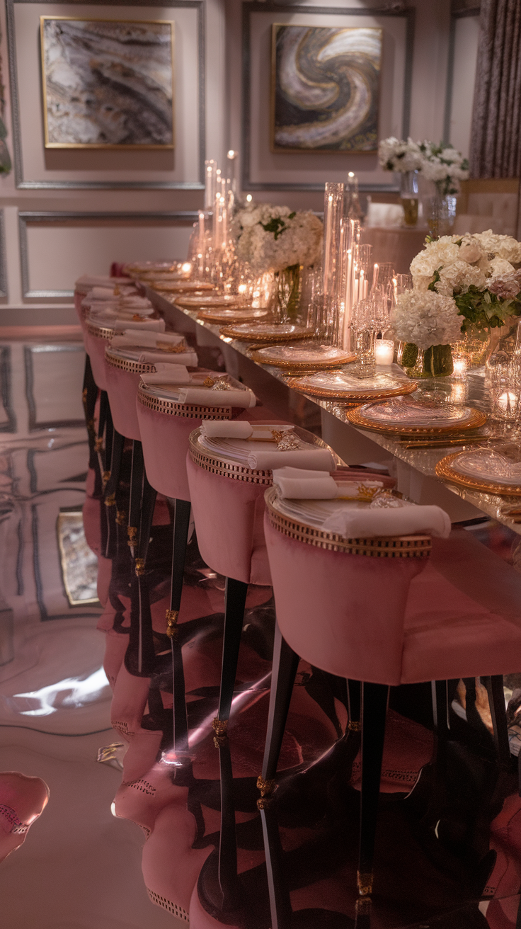 Luxurious dining area with burgundy chairs and metallic epoxy floor, beautifully set for a meal.