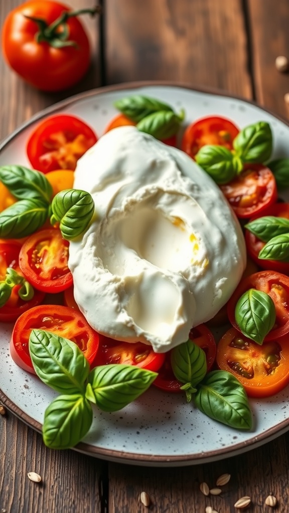 A plate of burrata cheese surrounded by sliced heirloom tomatoes and fresh basil leaves.