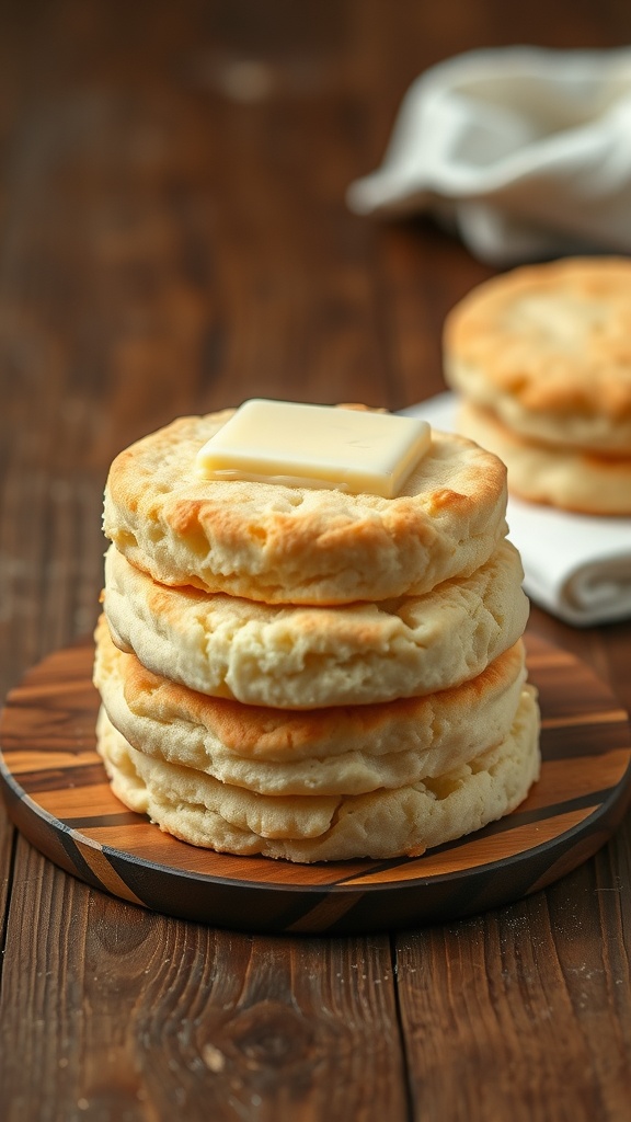 Freshly baked buttermilk biscuits stacked with a pat of butter on top.