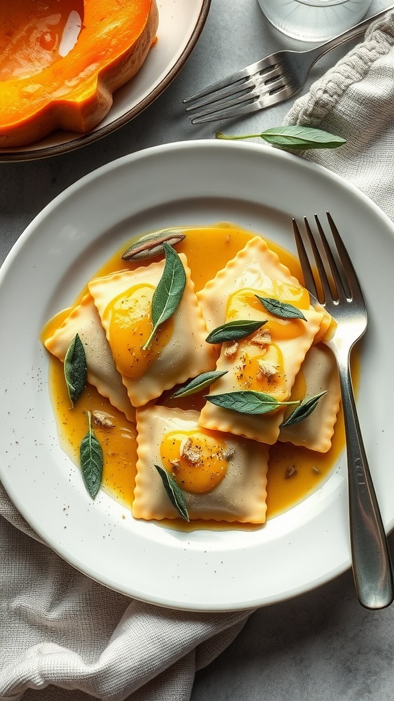 A plate of delicious butternut squash ravioli with an egg yolk and sage leaves.