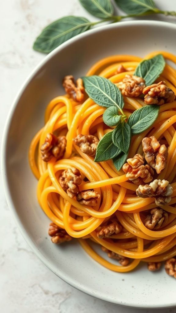 A bowl of butternut squash sage pasta topped with walnuts and fresh sage leaves.