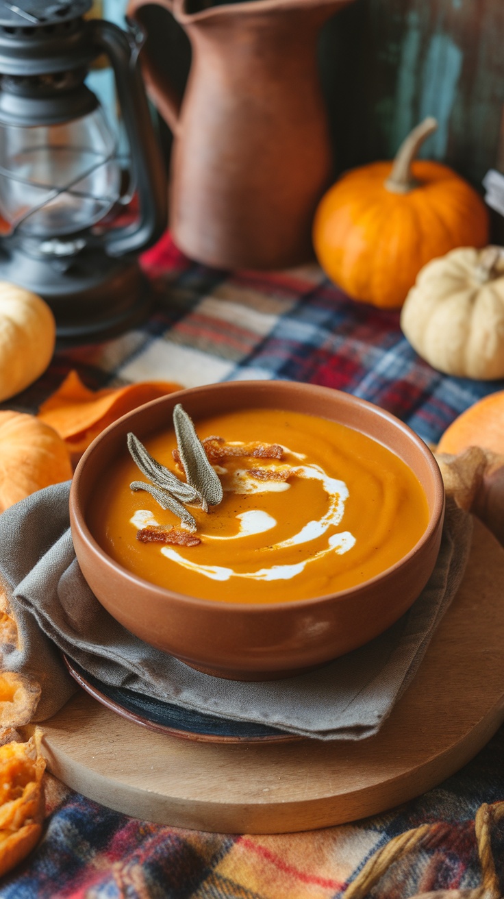 A warm bowl of butternut squash soup garnished with sage leaves.