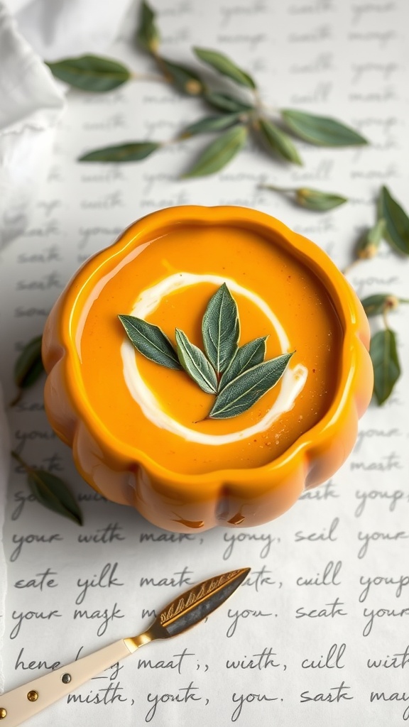 A bowl of creamy butternut squash soup garnished with sage leaves.