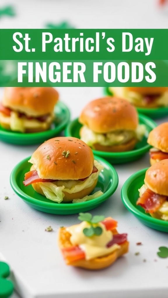Delicious cabbage and bacon sliders on green plates for St. Patrick's Day.