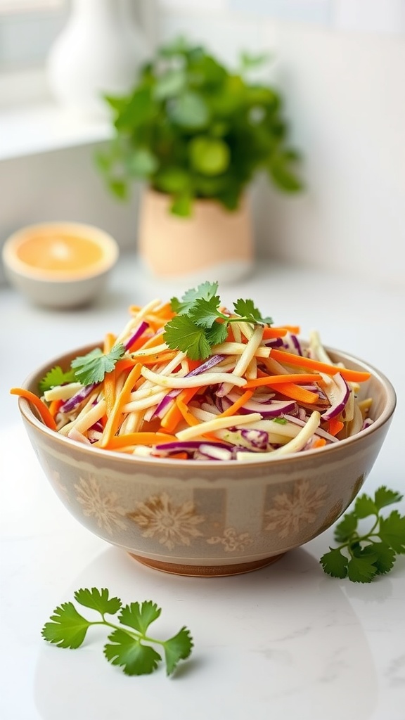 A bowl of colorful cabbage and carrot slaw garnished with cilantro