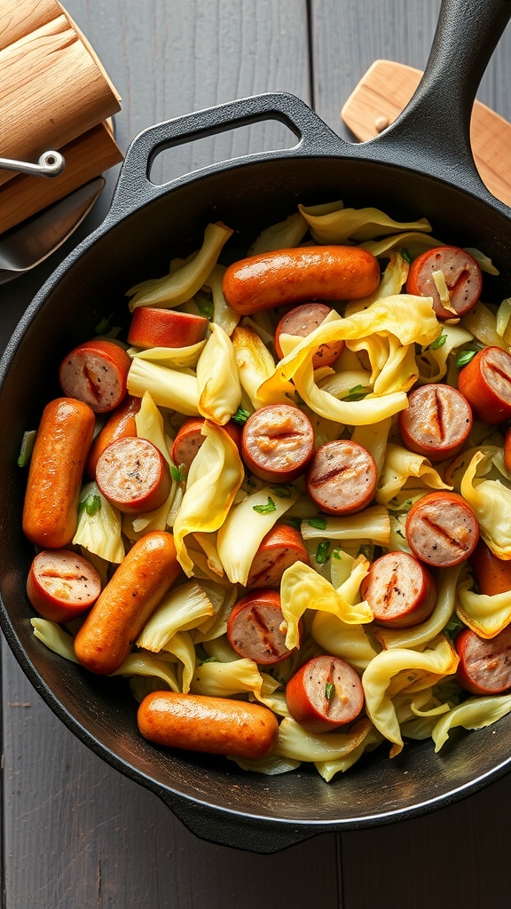 A skillet filled with cabbage and sliced sausage, showcasing a hearty meal.