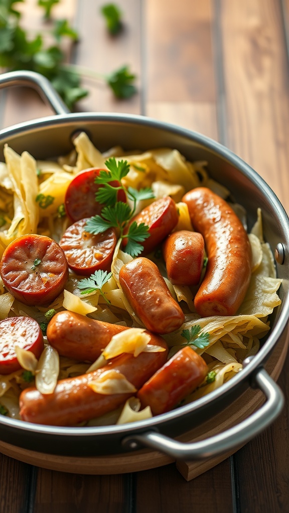 A delicious dish of cabbage and sliced sausage in a skillet.