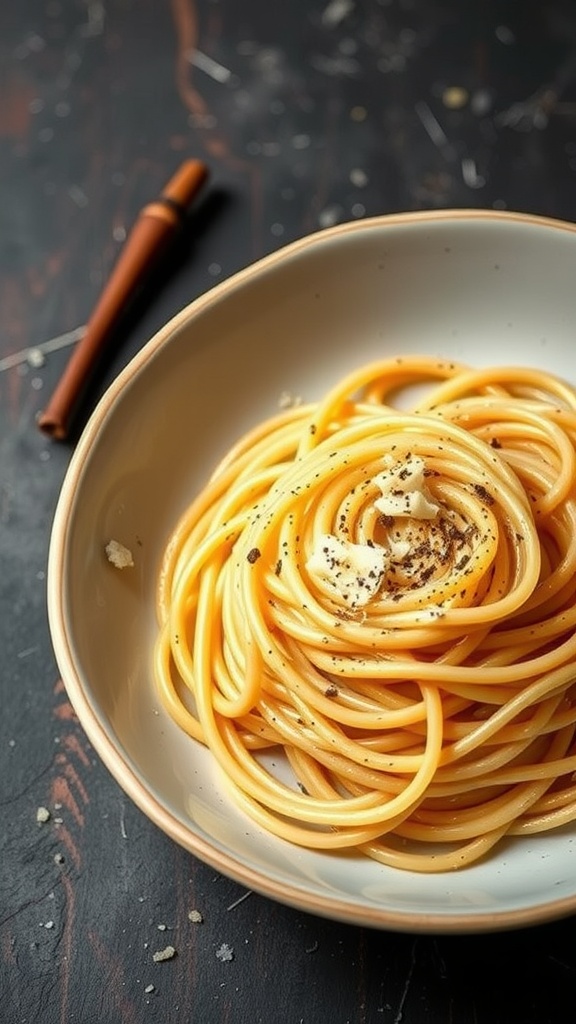 A bowl of spaghetti Cacio e Pepe topped with Pecorino Romano cheese and black pepper.