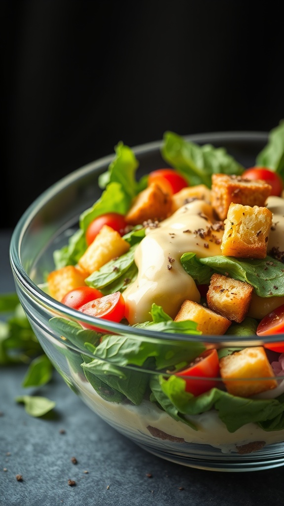 A vibrant Caesar salad with romaine lettuce, cherry tomatoes, croutons, and creamy dressing.