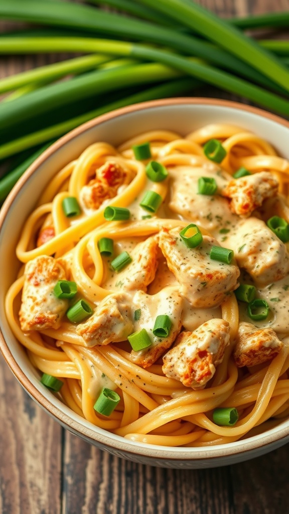 A bowl of creamy Cajun chicken pasta topped with green onions.
