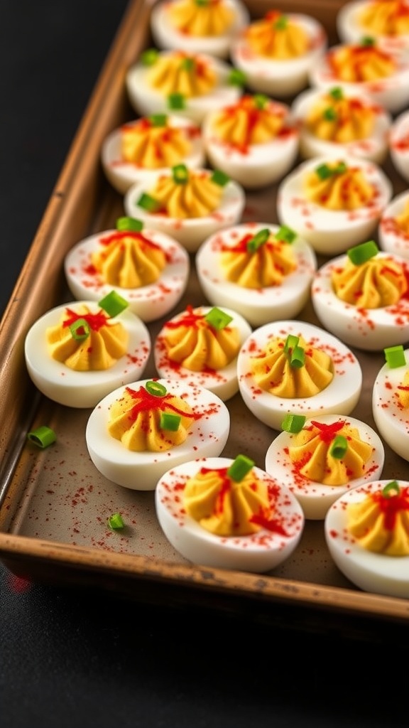 A platter of Cajun Deviled Eggs garnished with paprika and green onions.