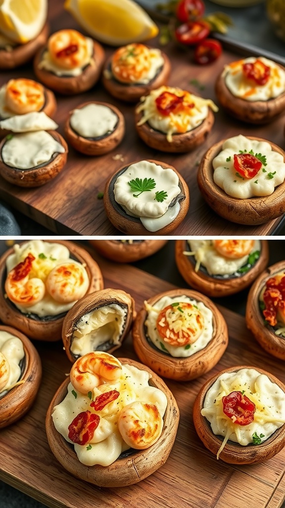 Cajun shrimp and cream cheese stuffed mushrooms on a wooden platter, garnished with herbs.