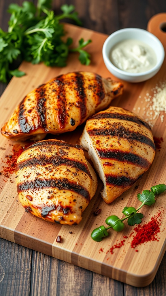 Grilled Cajun spiced chicken breasts on a wooden cutting board