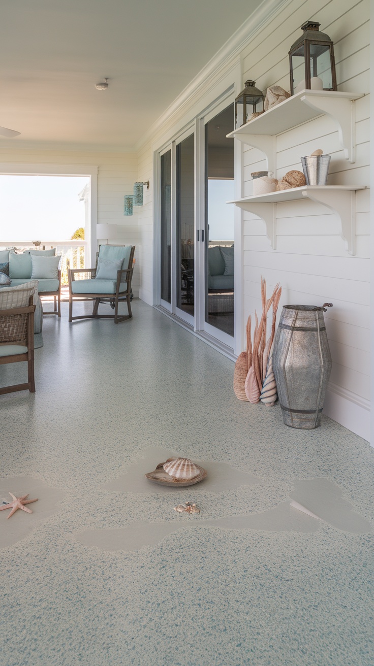 Epoxy flake flooring with coastal decor in a bright room