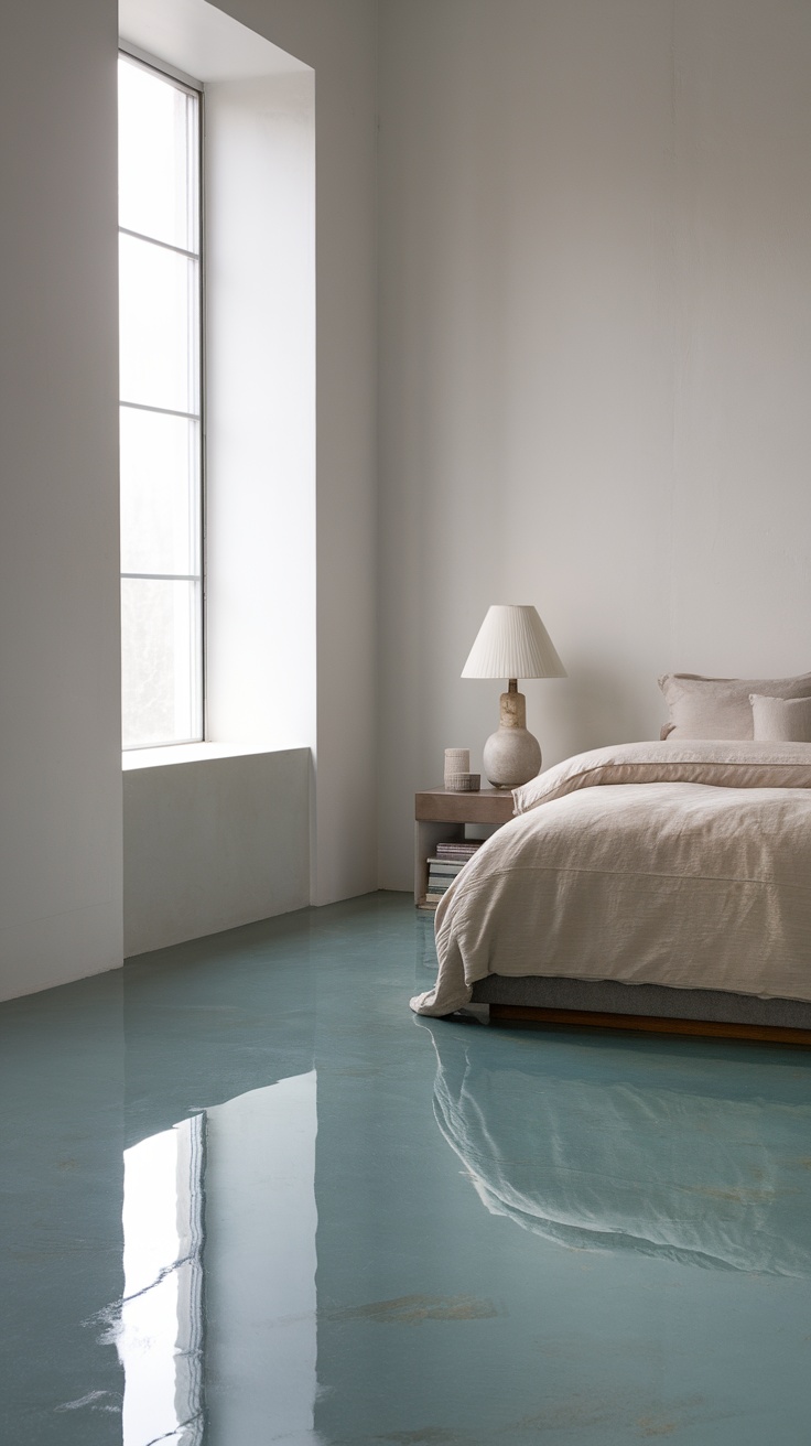 A tranquil bedroom featuring calming blue epoxy flooring, a bed with neutral linens, and natural light from a window.
