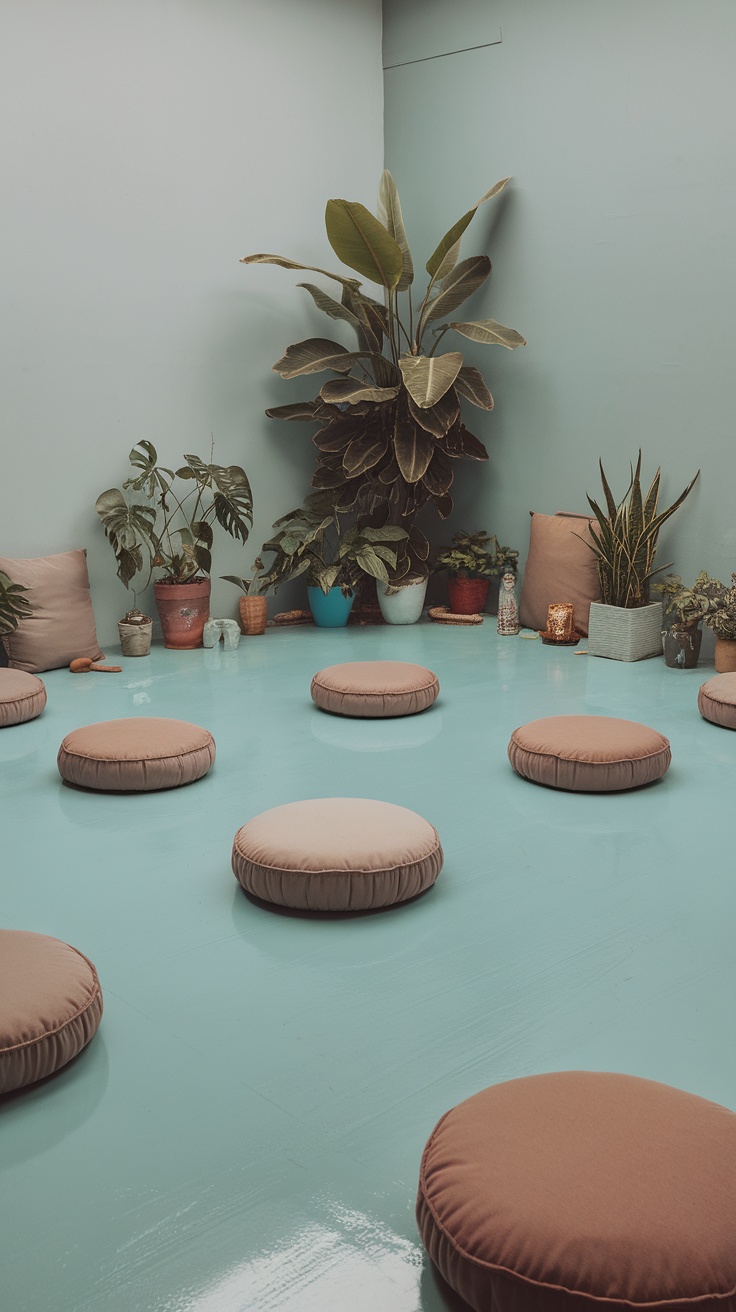 Interior space with sky blue epoxy floor and soft seating.
