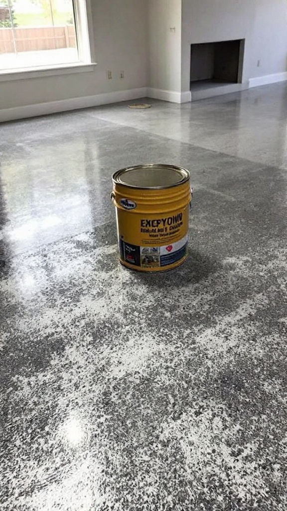 Can of epoxy floor coating on a prepared floor