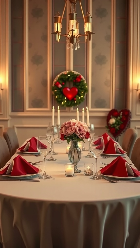 A beautifully set table for a romantic candlelit dinner with elegant decor.