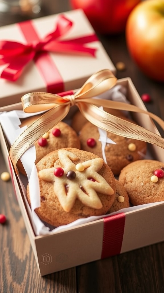 Colorful heart-shaped candy apple cookies decorated in a festive box