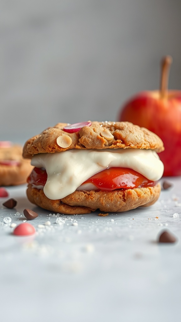 Candy Apple Cookie Ice Cream Sandwiches with red apple jelly and white chocolate chips