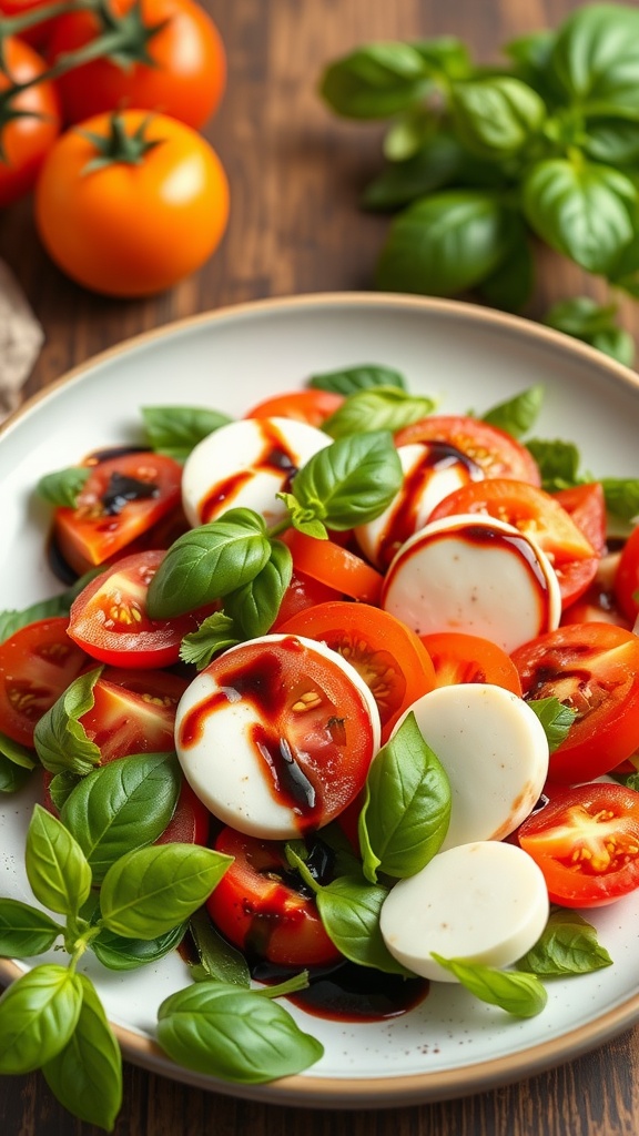 A colorful Caprese breakfast salad featuring sliced tomatoes, fresh mozzarella, and basil.