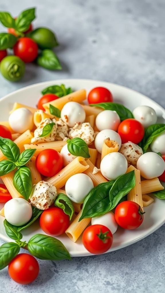 A colorful plate of Caprese Chicken Pasta Salad featuring pasta, cherry tomatoes, mozzarella balls, and fresh basil.