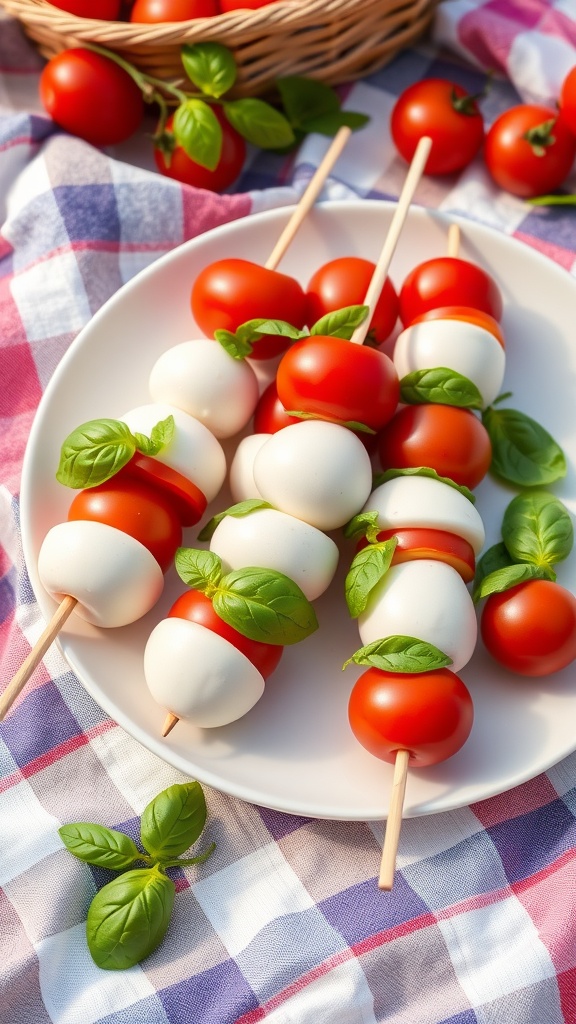 Caprese salad skewers with cherry tomatoes, mozzarella balls, and basil leaves