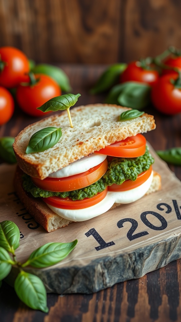 A delicious Caprese sandwich made with fresh mozzarella, tomatoes, pesto, and basil on bread.