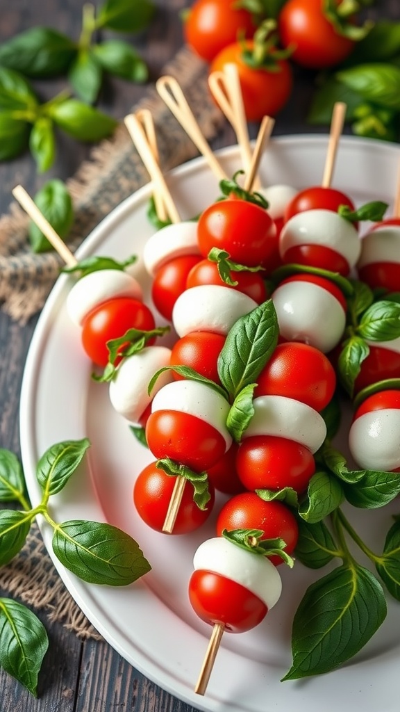 A plate of colorful Caprese skewers made with cherry tomatoes, mozzarella balls, and basil leaves.