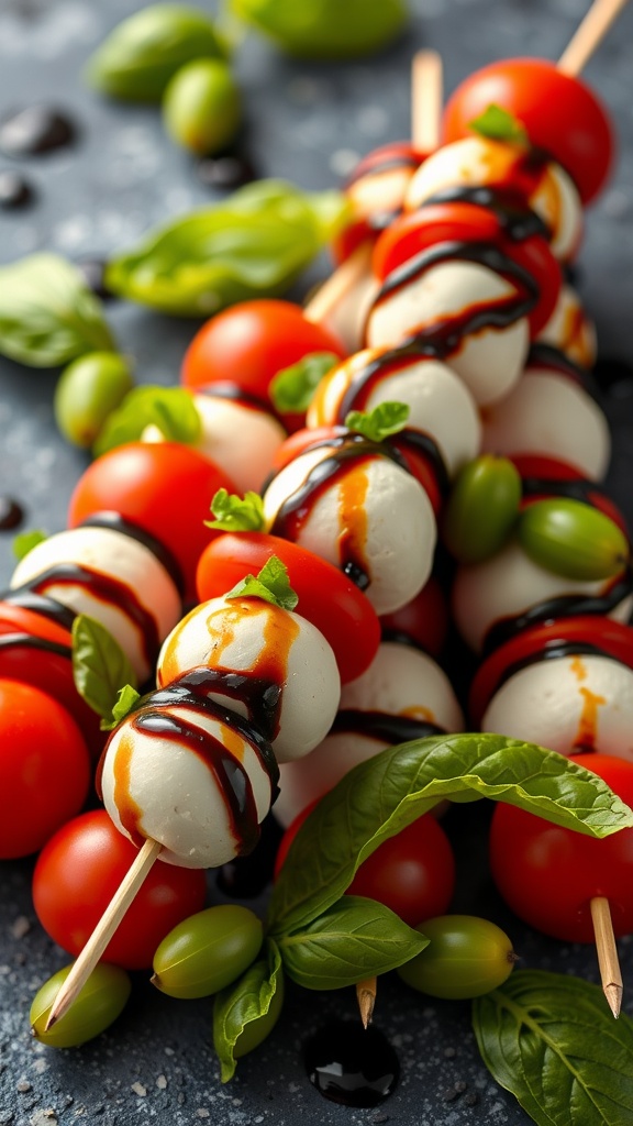 Caprese skewers with cherry tomatoes, mozzarella balls, and basil drizzled with balsamic glaze