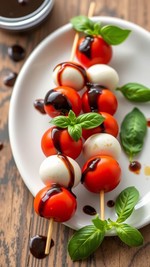 Caprese skewers with mozzarella, tomatoes, and basil drizzled with balsamic glaze.