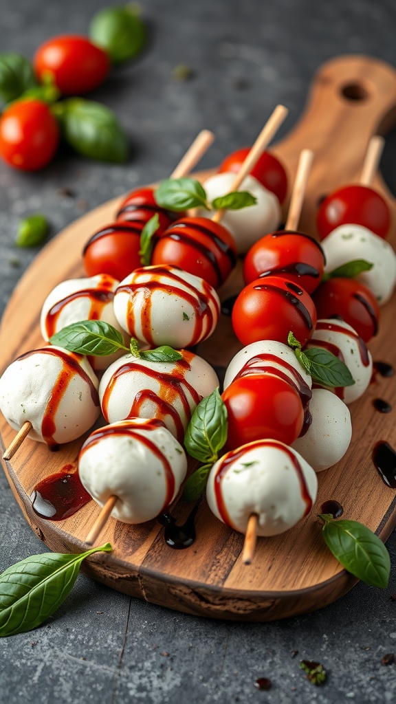 Caprese skewers with cherry tomatoes, mozzarella, and basil drizzled with balsamic reduction